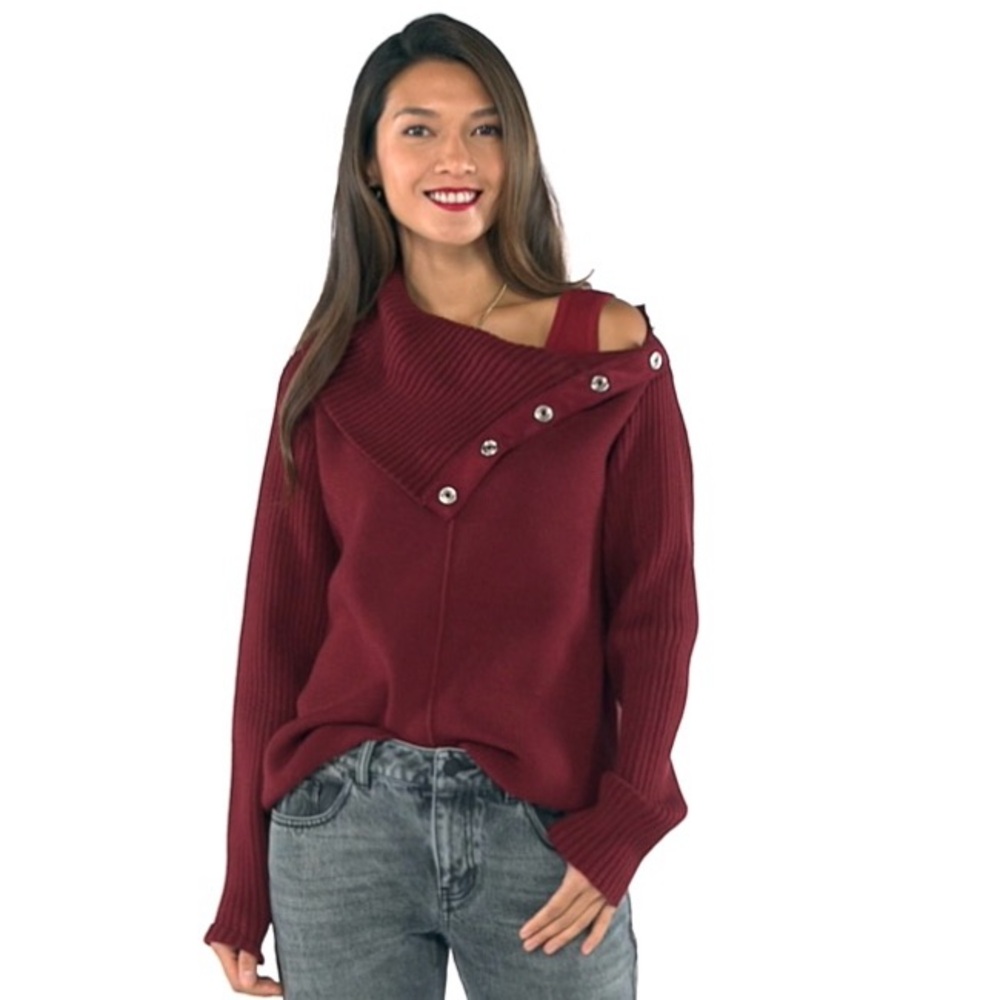 Cabi Pushover Pullover - Chunky Burgundy Turtleneck Sweater